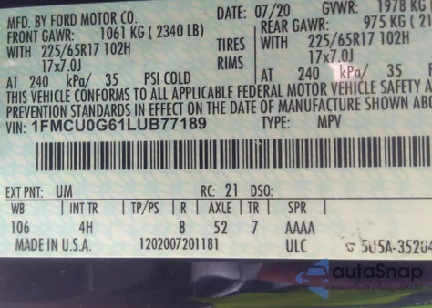 2020 Ford Escape Se z USA, uszkodzony, nr VIN 1FMCU0G61LUB77189